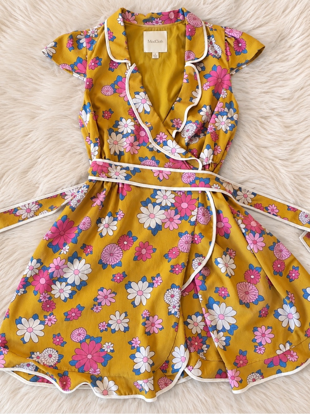 ModCloth Retro Floral ruffle Wrap in mustard